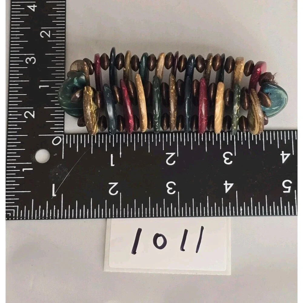 Vintage Stretch Bracelet Multicolor Shell Wood Beaded Boho Tropical Shell Tribal
